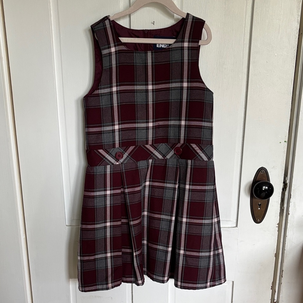Lands' End Burgundy and Gray Plaid School Jumper